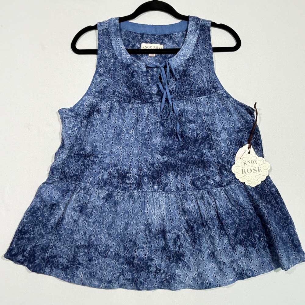 Knox Rose Eyelet Babydoll Tank Women M Blue Tiered Boho Tie Dye Sleeveless Top